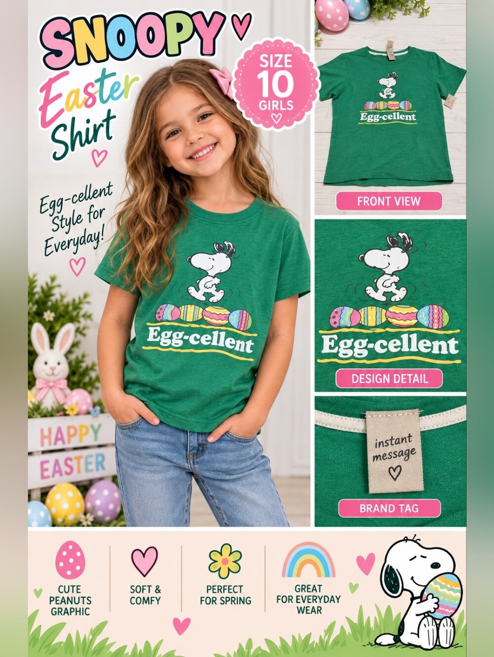 Instant message girls size 10 green snoopy peanuts easter shirt #05